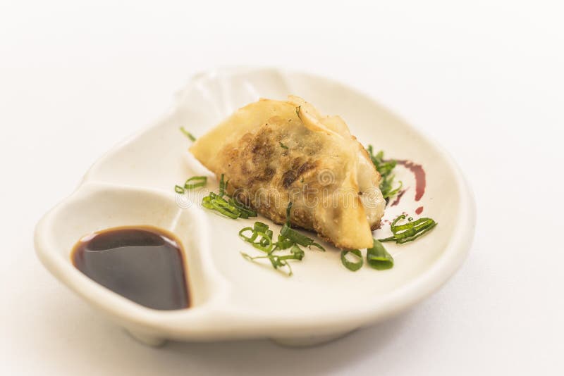 Ceramische plaat met guioza en shoyu op witte achtergrond stock afbeelding Ceramische plaat met guioza en shoyu op witte achtergrond stock afbeelding