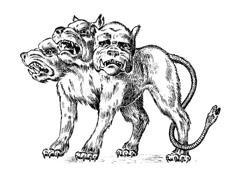 Cerberus three headed dog. Mythical Greek antique monster. Mythological animal. Fantastic creatures in the old vintage