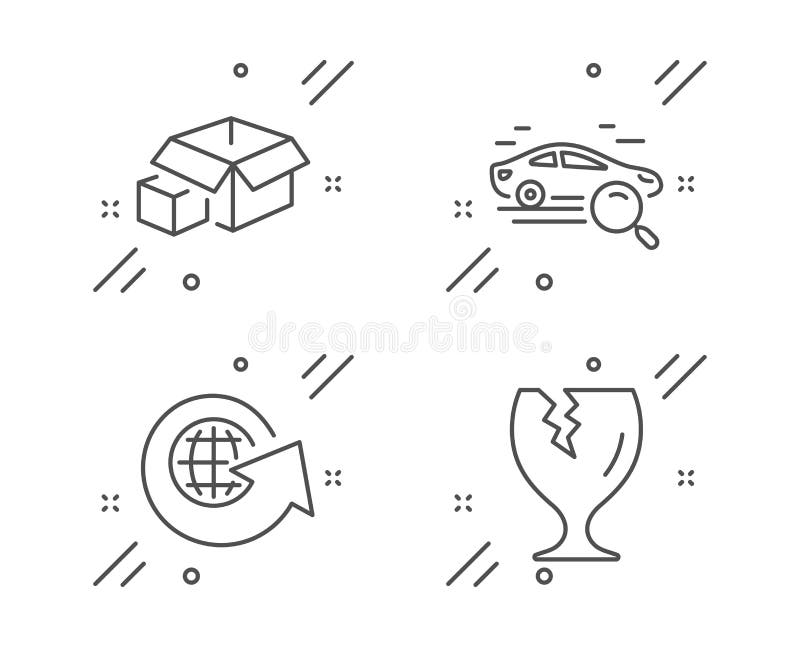 Cerca auto, caselle di imballaggio e icone del mondo intero impostate Segno di pacchetto fragile Vettore illustrazione vettoriale Cerca auto, caselle di imballaggio e icone del mondo intero impostate Segno di pacchetto fragile Vettore illustrazione vettoriale
