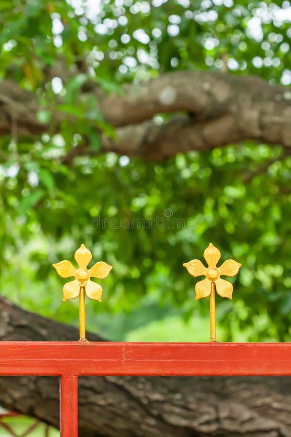 Cerca de aço decorada com as flores douradas do ferro forjado isoladas em fundos borrados da árvore fotos de stock royalty free Cerca de aço decorada com as flores douradas do ferro forjado isoladas em fundos borrados da árvore fotos de stock royalty free