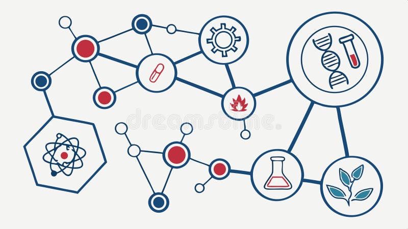 Cercetarea în domeniul diagramei rețelei de chimie și știință și proiectarea vectorului studiului de laborator Generativ AI vector illustration