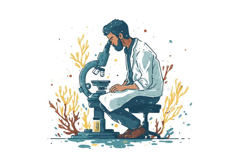 Cercetător masculin folosind microscop masculin izolat vector illustration