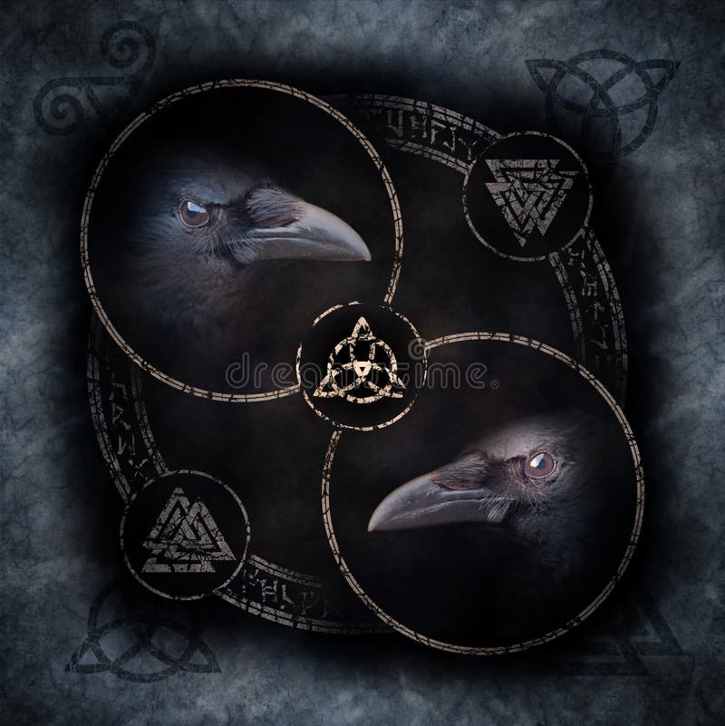 Celtic Crow Circle with two sinister crow heads materialising within a circular emblem of elaborate Celtic, pagan and runic symbols. Celtic Crow Circle with two sinister crow heads materialising within a circular emblem of elaborate Celtic, pagan and runic symbols.