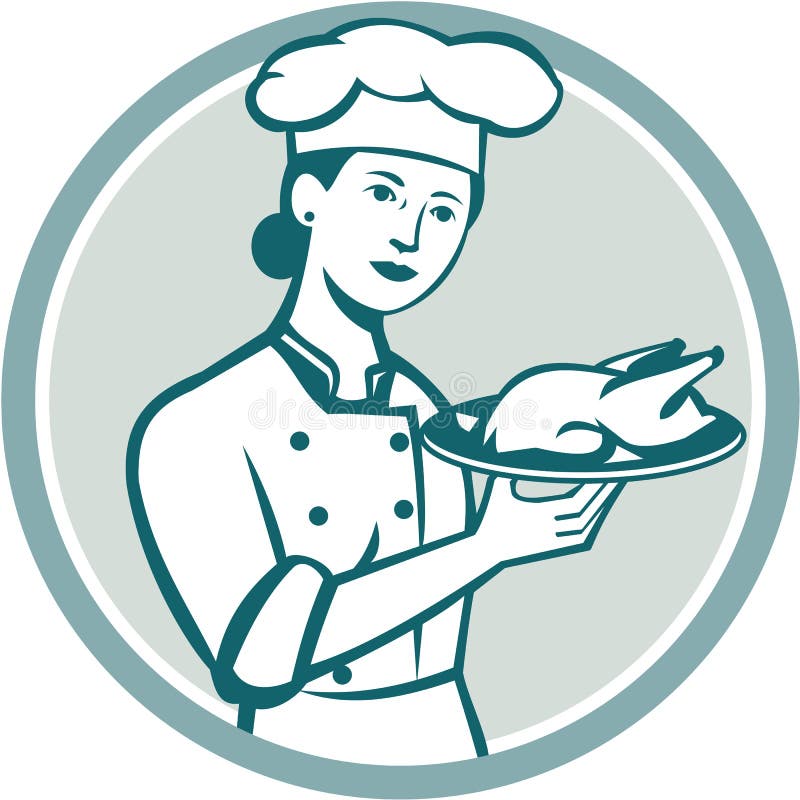 Cerchio femminile di Serving Chicken Roast del cuoco unico retro illustrazione di stock Cerchio femminile di Serving Chicken Roast del cuoco unico retro illustrazione di stock