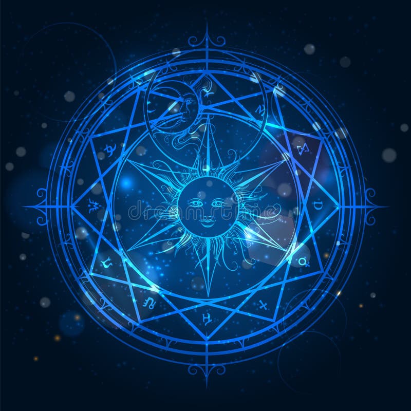 Cerchio magico di alchemia su fondo blu
