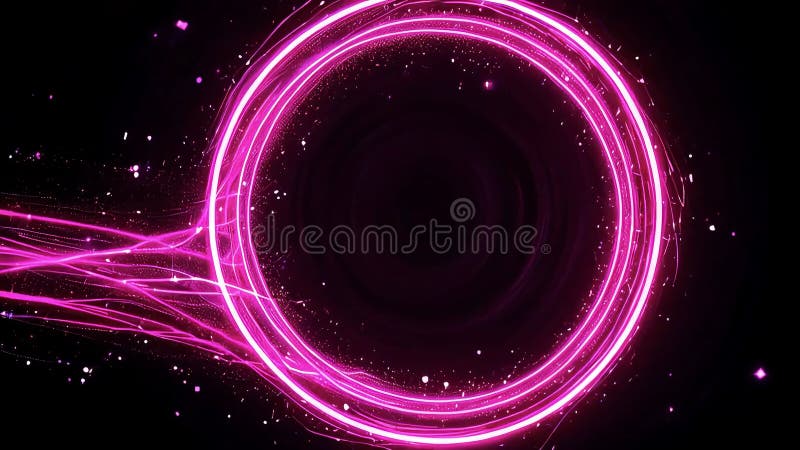 Cercle lumineux de néon rose abstrait avec particules brillantes sur fond noir illustration stock