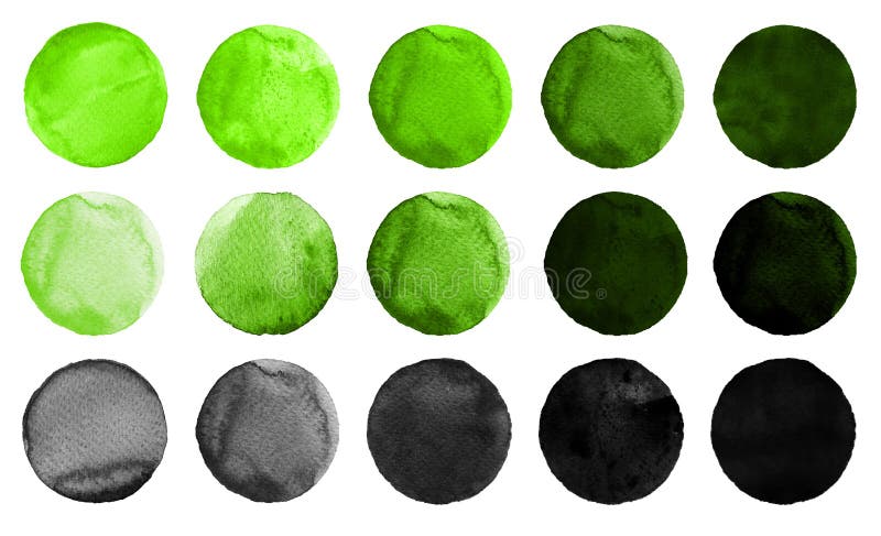 Cercles d'aquarelle aux nuances de couleur verte et noire d'isolement sur le fond blanc illustration libre de droits Cercles d'aquarelle aux nuances de couleur verte et noire d'isolement sur le fond blanc illustration libre de droits
