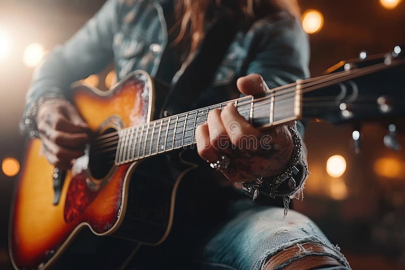 Cerco de un músico tocando guitarra acústica en el escenario stock de ilustración