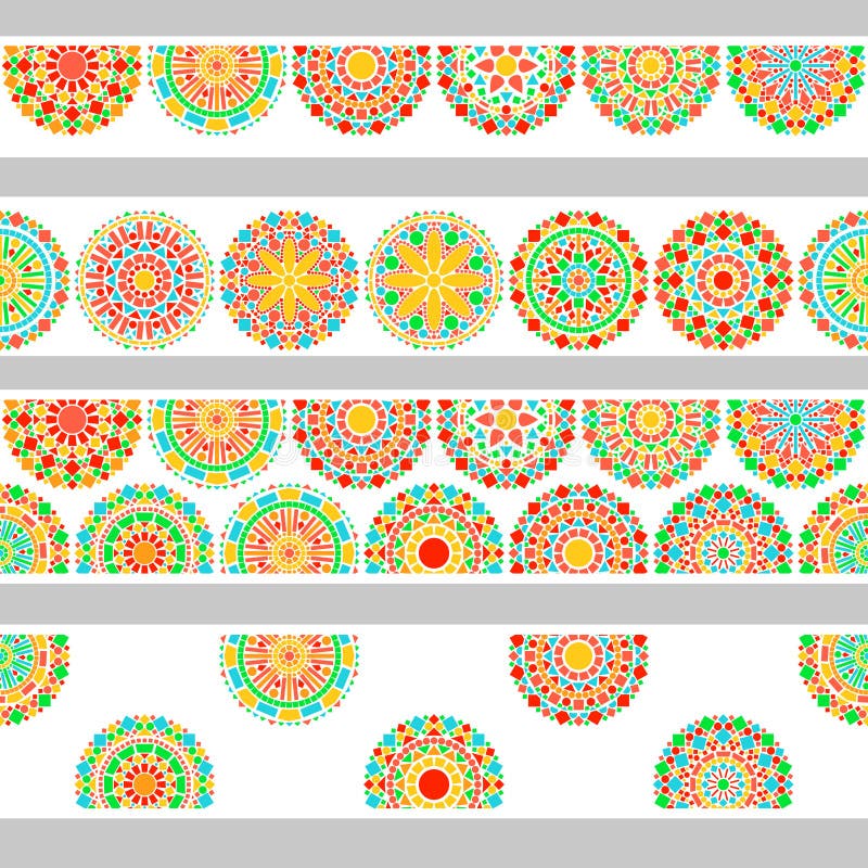 Cercuri colorate cu mandala florală în verde și portocaliu pe vectorul alb fără sudură al marginii stock illustration