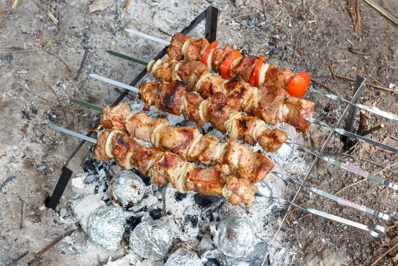 Cerdo cocinado en la parrilla Carne cocinada en los carbones Cerdo que es fuego preparado Cerdo Kebab Carne con las cebollas y la foto de archivo Cerdo cocinado en la parrilla Carne cocinada en los carbones Cerdo que es fuego preparado Cerdo Kebab Carne con las cebollas y la foto de archivo