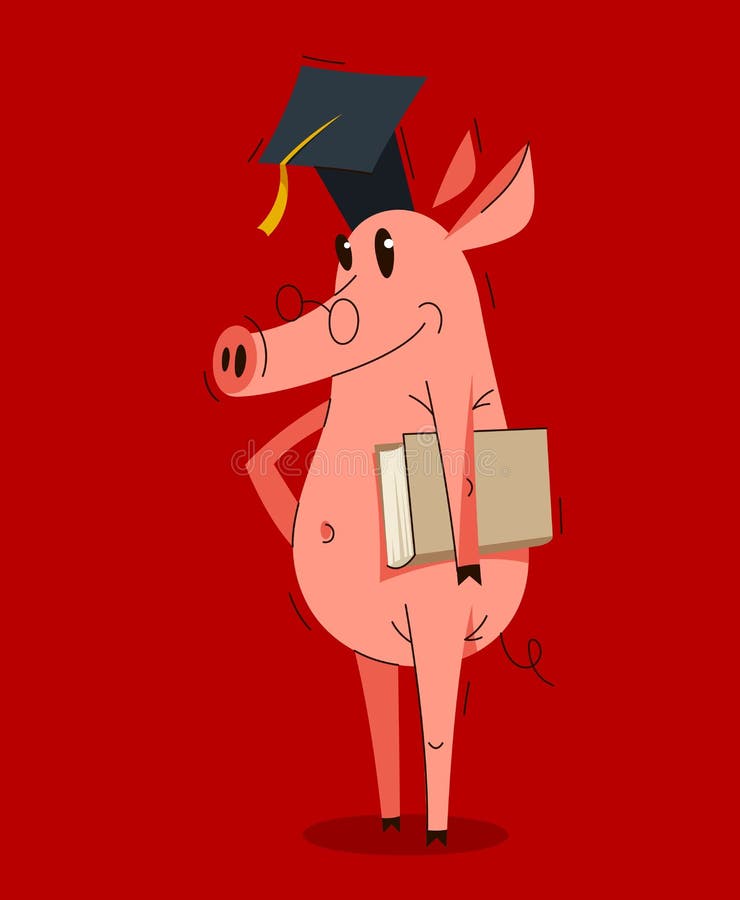 Cerdo de caricatura divertido con sombrero estudiantil y sosteniendo un libro graduado ilustración vectorial de un tema de educaci stock de ilustración
