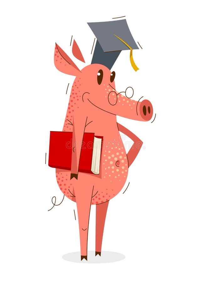 Cerdo de caricatura divertido con sombrero estudiantil y sosteniendo un libro graduado ilustración vectorial de un tema de educaci libre illustration