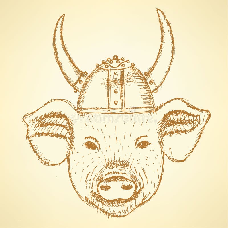 Cerdo del bosquejo en el casco de vikingo libre illustration Cerdo del bosquejo en el casco de vikingo libre illustration