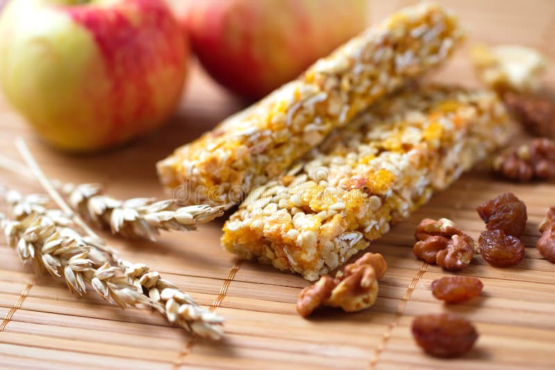 Cereal Bars of Granola with Apples, Nuts and Raisins Stock Image