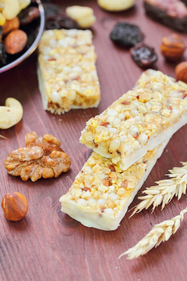 Cereal Bars of Granola with Nuts and Raisins Stock Image Image of