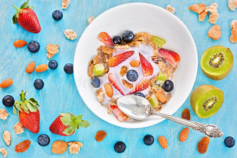 Cereal with Berries, Milk and Yogurt, Healthy Breakfast Concept Stock