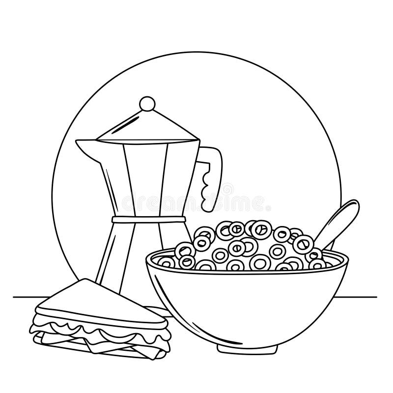  Cereales De Desayuno Y Sándwich Deliciosa Comida Estilo Línea De Dibujos Animados Ilustración del Vector