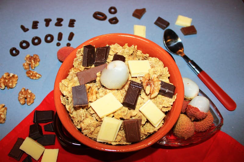 Cereals with Chocolate and Fruit Stock Photo Image of aface, sweety