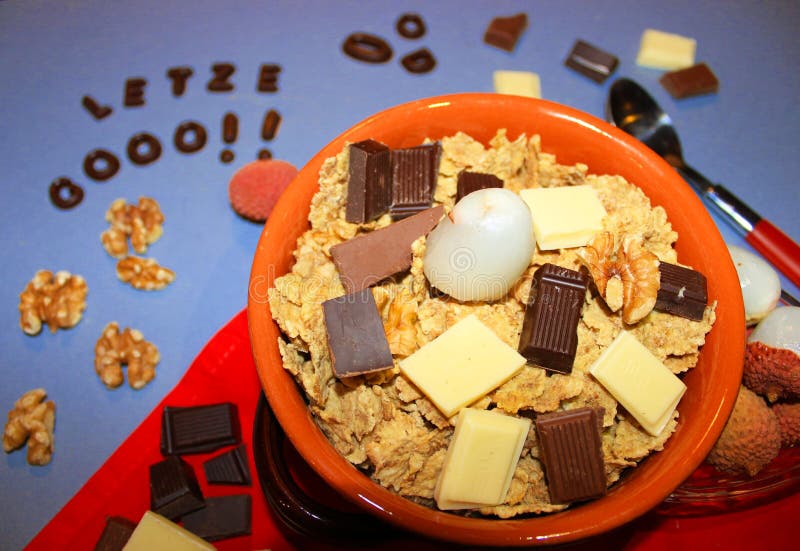 Cereals with Chocolate and Fruit Stock Image Image of table, pieces