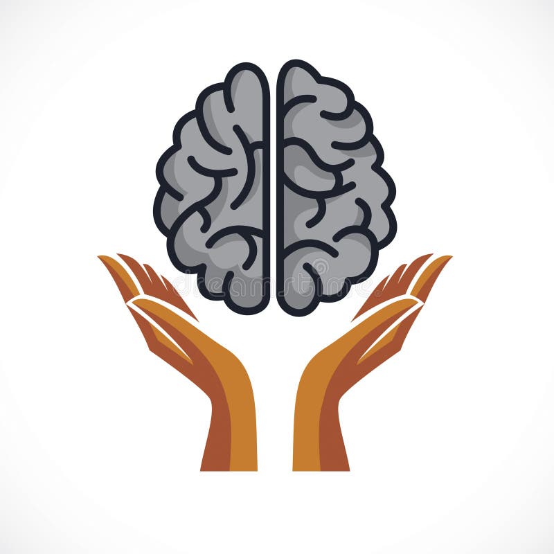 Cerebro anatómico humano con la oferta que guarda las manos, salud mental