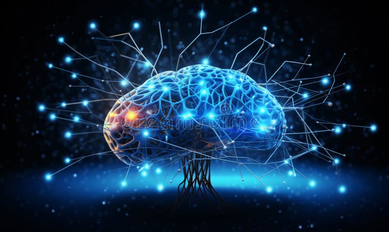 Cerebro digital en forma de líneas de conexión neural azul y combinación de puntos brillantes para conexiones sinápticas. stock de ilustración
