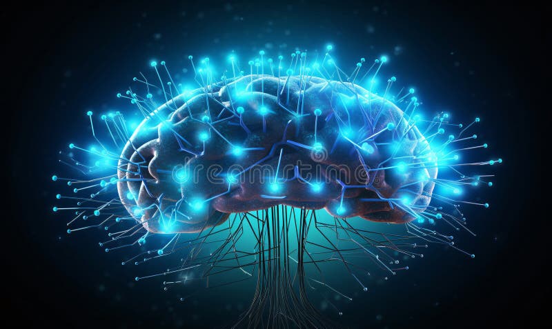 Cerebro digital en forma de líneas de conexión neural azul y combinación de puntos brillantes para conexiones sinápticas. ilustración del vector