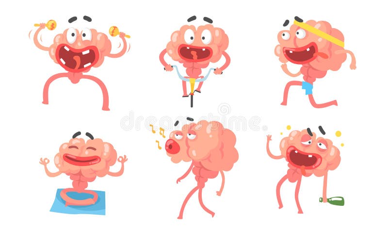 Humanized brain with maracas, rides a bicycle, runs, does yoga, whistles, drunk Vector illustration. Humanized brain with maracas, rides a bicycle, runs, does yoga, whistles, drunk Vector illustration