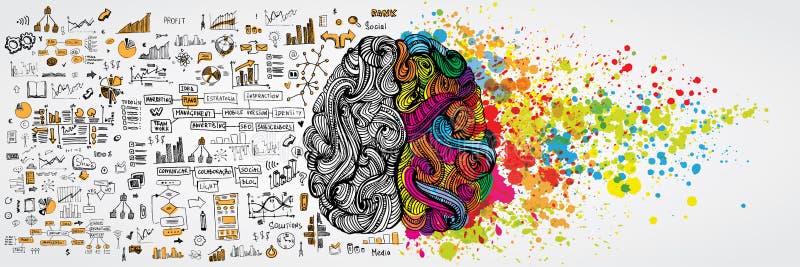 Cerebro humano izquierdo y derecho con infographic social en lado lógico Mitad creativa y mitad de la lógica de la mente humana V