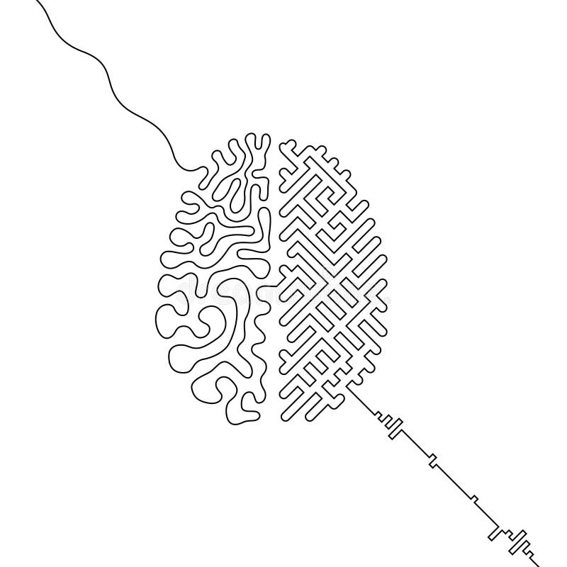 Cerebro humano vs inteligencia artificial - diseño de línea continua ilustración del vector