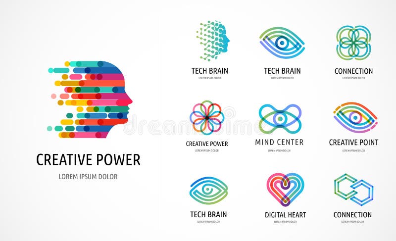 Cerebro, iconos creativos de la mente, del aprendizaje y del diseño, logotipos Sirva la cabeza, símbolos de la gente - vector com
