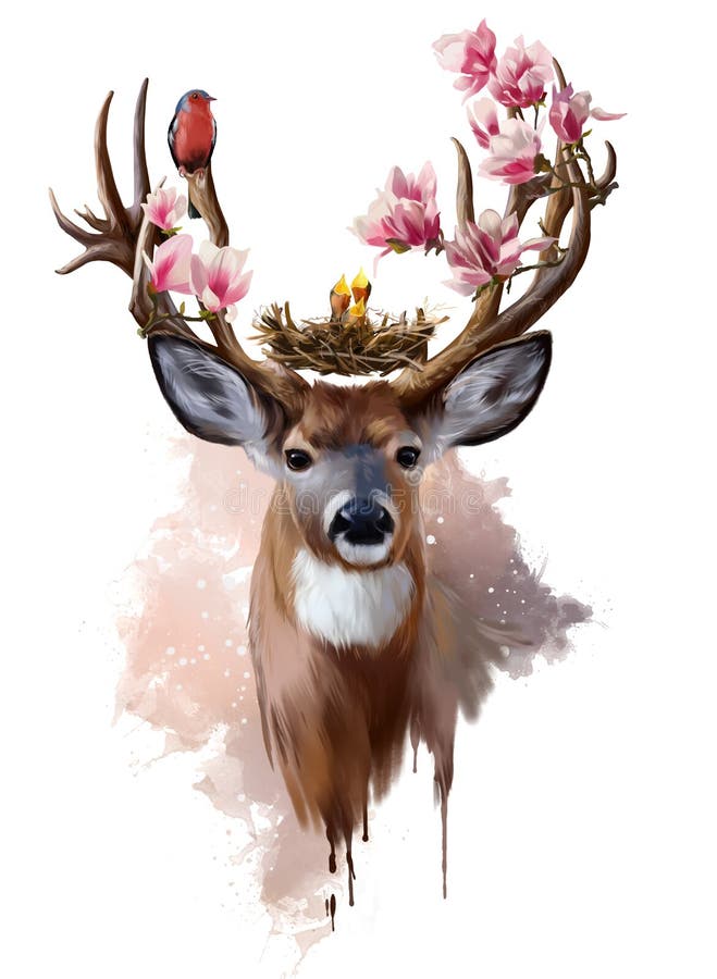 Cerfs communs, oiseau à gorge rouge et fleurs illustration de vecteur Cerfs communs, oiseau à gorge rouge et fleurs illustration de vecteur