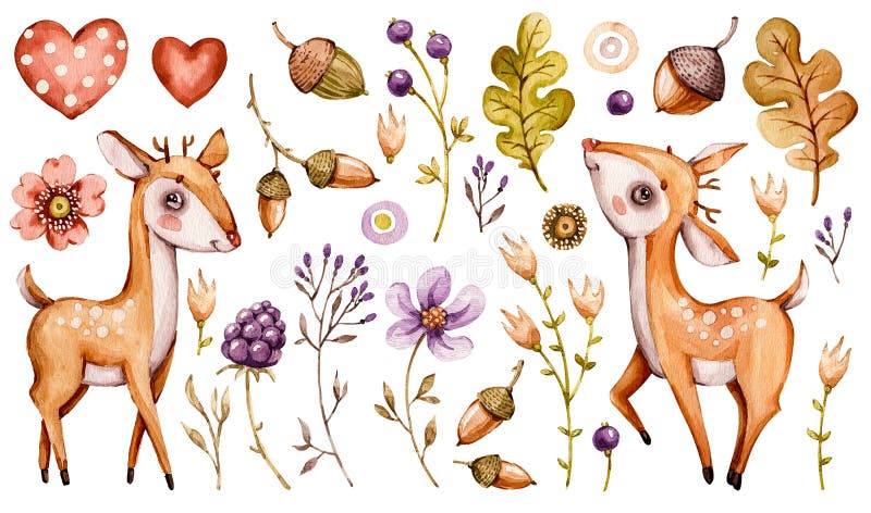 Cerfs mignons bébé. Feuilles de fleurs de la forêt de cerfs d'animaux boisées de bande dessinée de pépinière d'aquarelle de forêt. illustration de vecteur