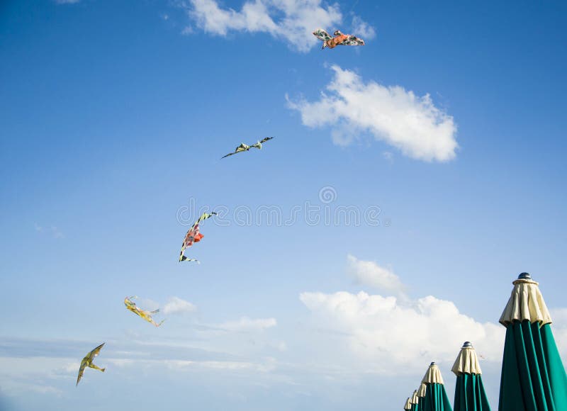 Cerfs-volants et parapluies de plage images libres de droits Cerfs-volants et parapluies de plage images libres de droits