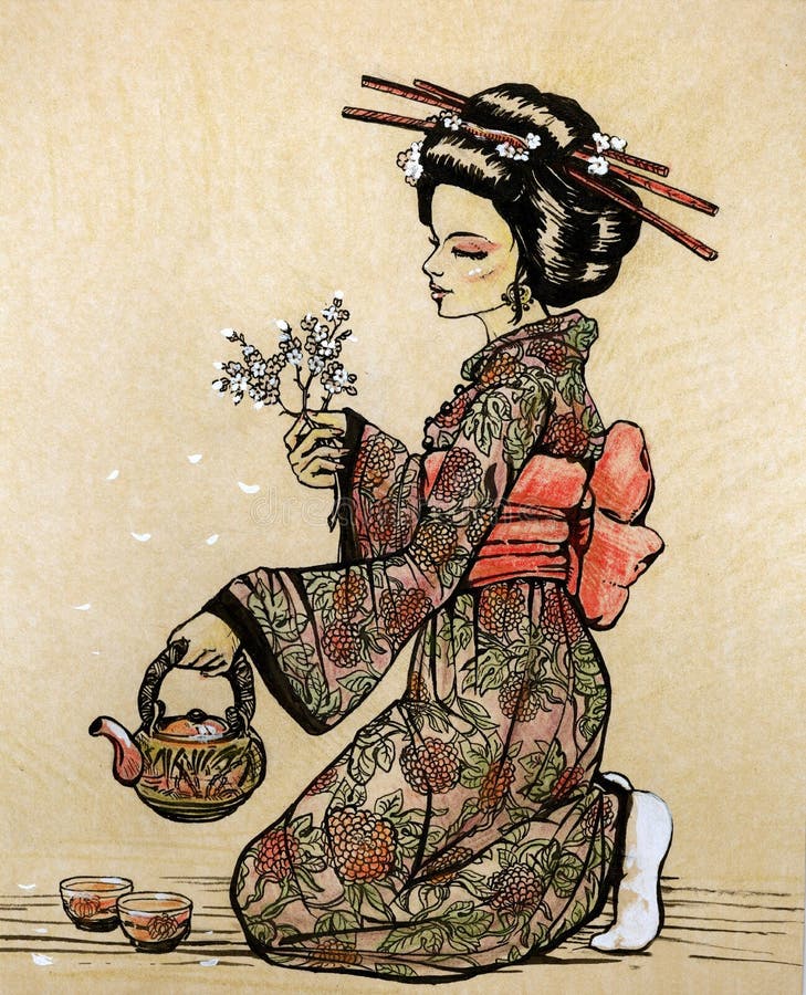 Cerimonia di tè nello stile giapponese: geisha con la teiera royalty illustrazione gratis Cerimonia di tè nello stile giapponese: geisha con la teiera royalty illustrazione gratis
