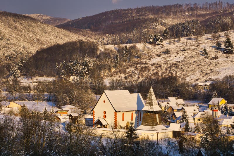 Cerin church in Polana mountains after snowfall