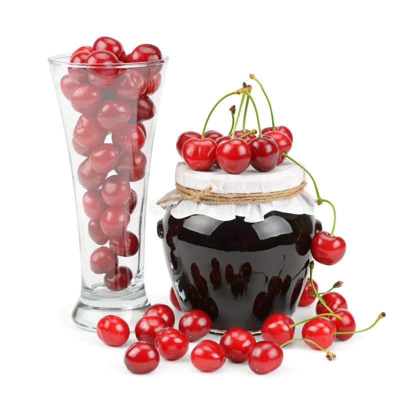 Cerises Et Pots De Confiture D'isolement Sur Un Fond Blanc Image stock