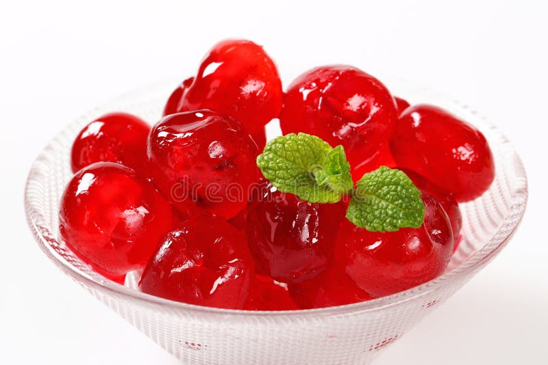 Stoned maraschino cherries candied in sugar syrup. Stoned maraschino cherries candied in sugar syrup