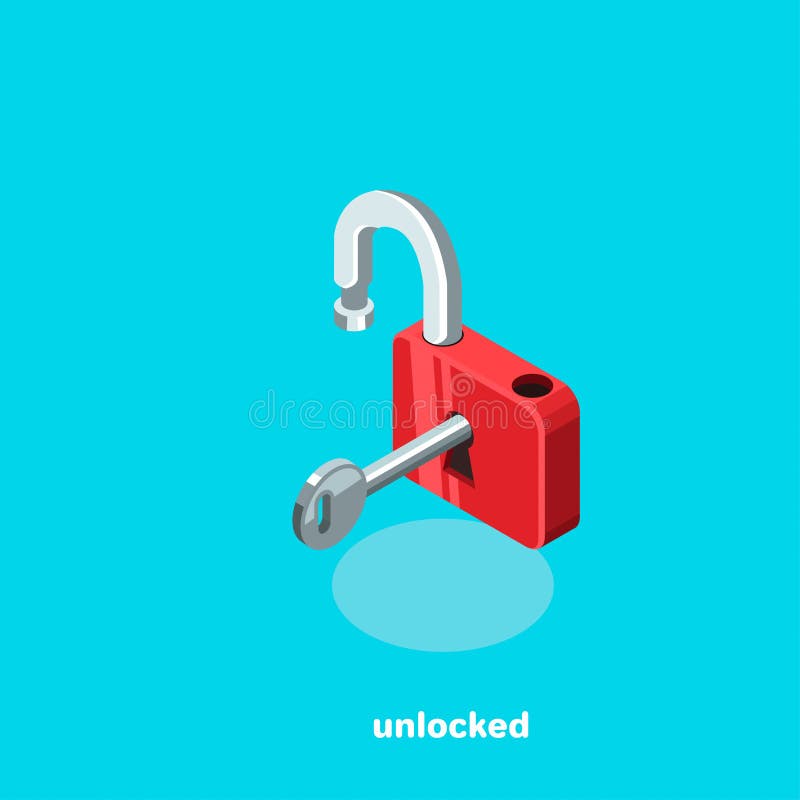 Cerradura abierta con una llave que resalta, isométrica libre illustration Cerradura abierta con una llave que resalta, isométrica libre illustration