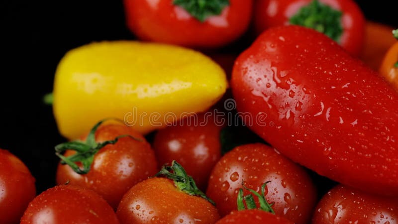 Cerrar el plan de macro rotatorio. pimientos y tomates amarillos y rojos y colores vivos dulces y frescos de nuevo en negro metrajes