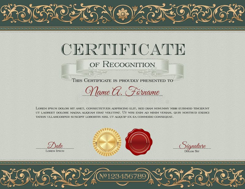 Certificate Of Recognition. Floral Frame, Ornaments. Green. Certificate Of Recognition. Floral Frame, Ornaments. Green.