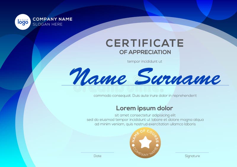 Certificaatsjabloon met ovale vorm op blauwe achtergrond Certificaat van appreciatie, het ontwerpmalplaatje van het toekenningsdi royalty-vrije illustratie Certificaatsjabloon met ovale vorm op blauwe achtergrond Certificaat van appreciatie, het ontwerpmalplaatje van het toekenningsdi royalty-vrije illustratie
