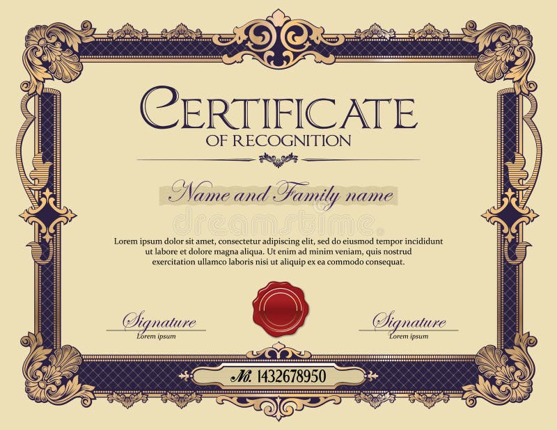 Certificado antigo do quadro do ornamento do vintage do reconhecimento