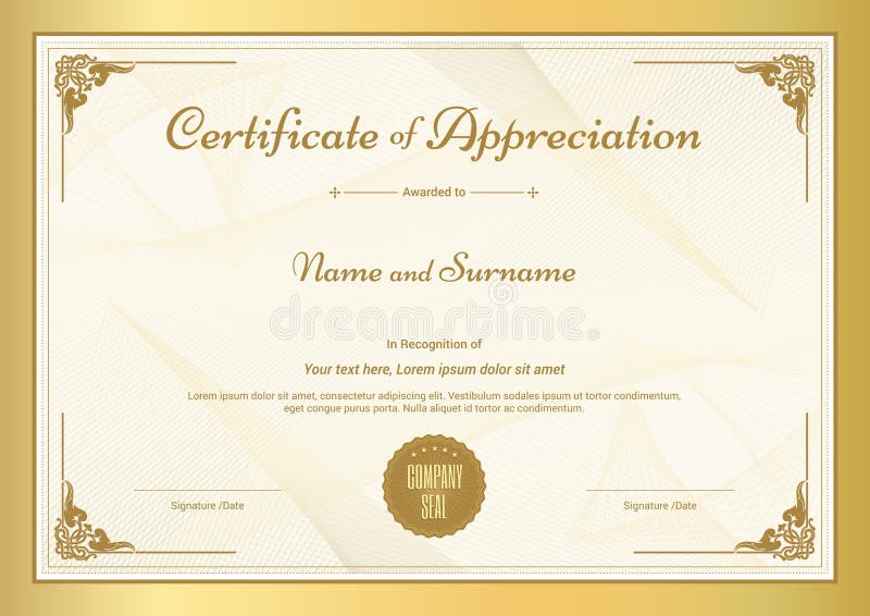 Certificado de plantilla del aprecio con la frontera del oro libre illustration Certificado de plantilla del aprecio con la frontera del oro libre illustration