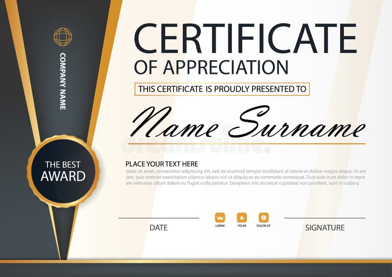 Certificado horizontal del oro y de la elegancia negra con el ejemplo del vector, plantilla blanca del certificado del marco con stock de ilustración