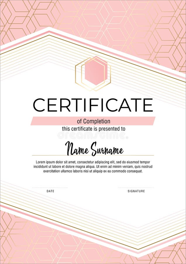Certificat cu fond grafic de culoare roz deschis și auriu. șablon model modern. diplomă elegantă în vector stock illustration