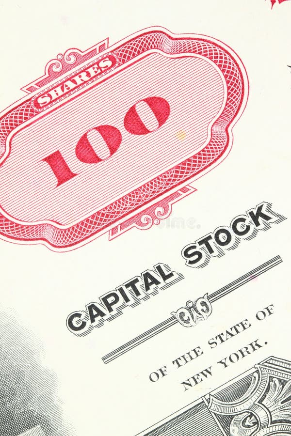 100 shares. Old stock share certificate. Vintage scripophily objects. 100 shares. Old stock share certificate. Vintage scripophily objects.