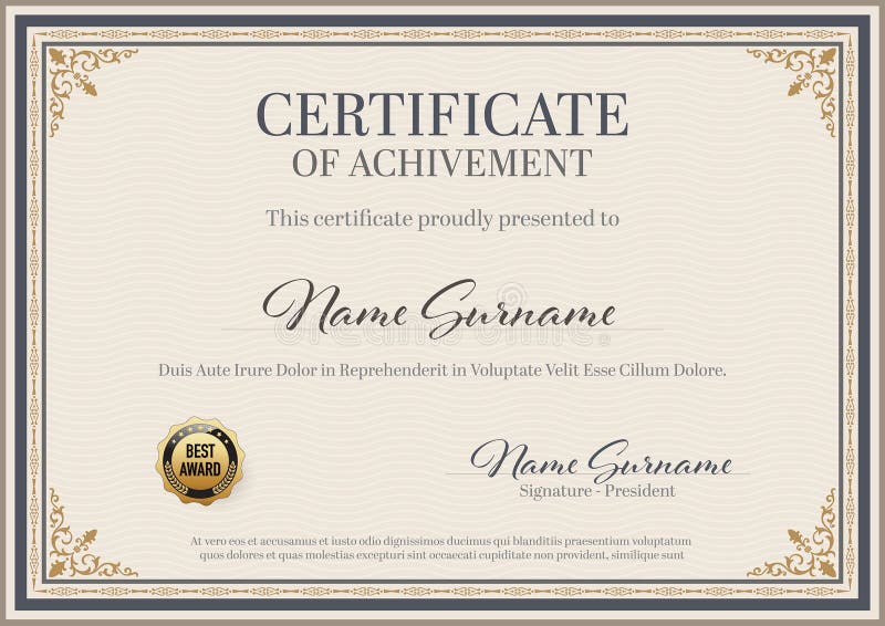 Certificate of Achievement Vintage Ornament Frame stock illustration
