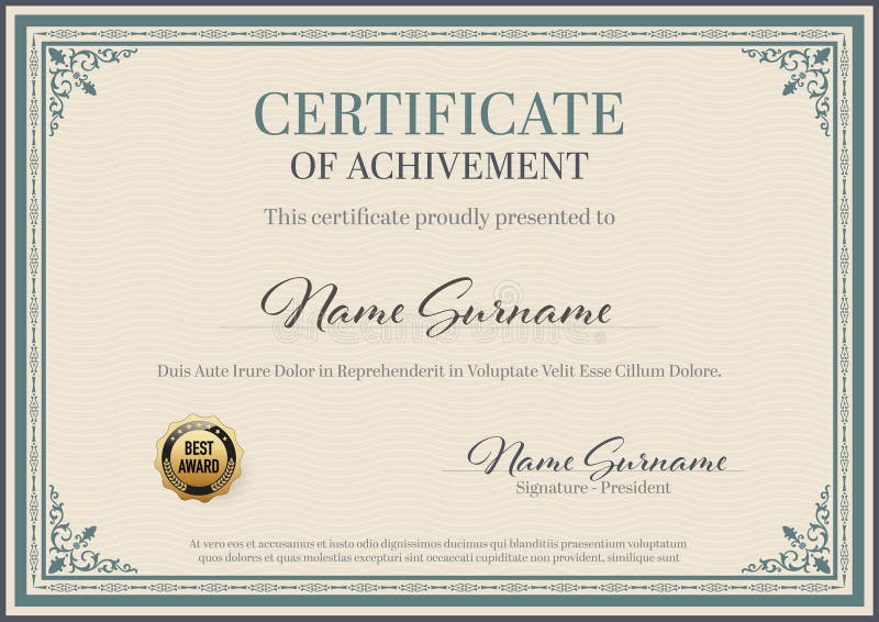 Certificate of Achievement Vintage Ornament Frame stock illustration