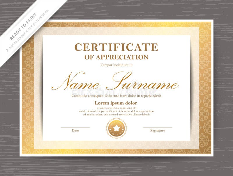 Gold Certificate Of Appreciation Award Diploma Template Stock Vector