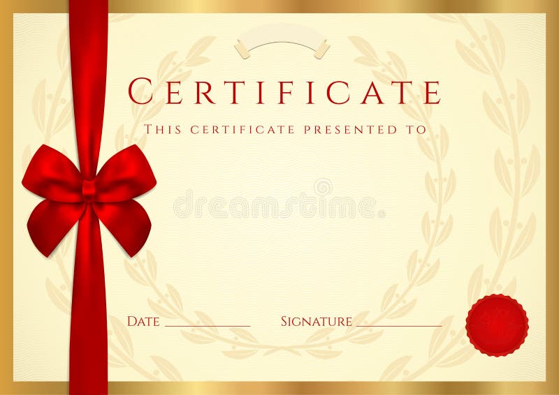 Certificato di completamento (template) con sigillo di cera, di confine e fiocco rosso (nastro).